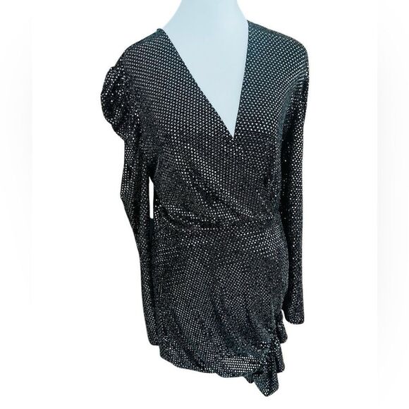 IRO  Paris LouLou Sequin Long Sleeve V-neck Mini Dress in Black & Silver Size 40 - Picture 6 of 14